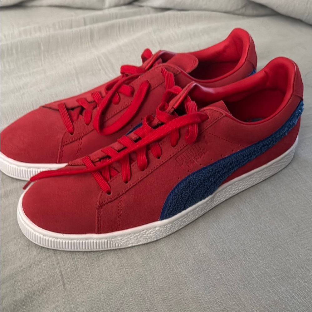 Puma Red Suede Sneakers with Blue Terri Stripe